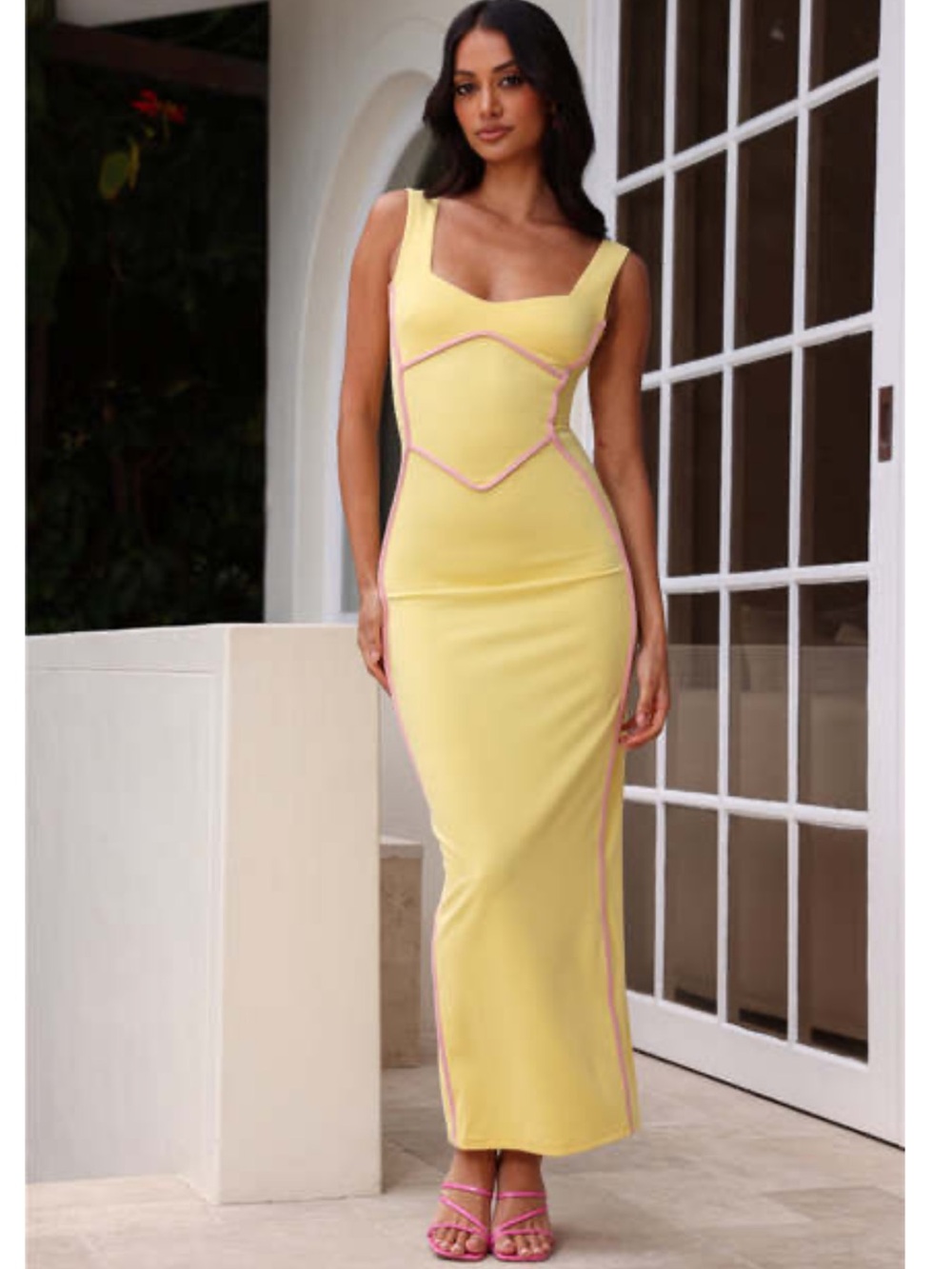 Yellow Maxi Dress with Pink Piping - Women's Fitted Evening Dress